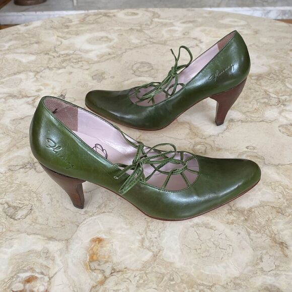 John Fluevog Teapots Darjeeling Leather Pumps Heels Olive Green - Picture 6 of 15